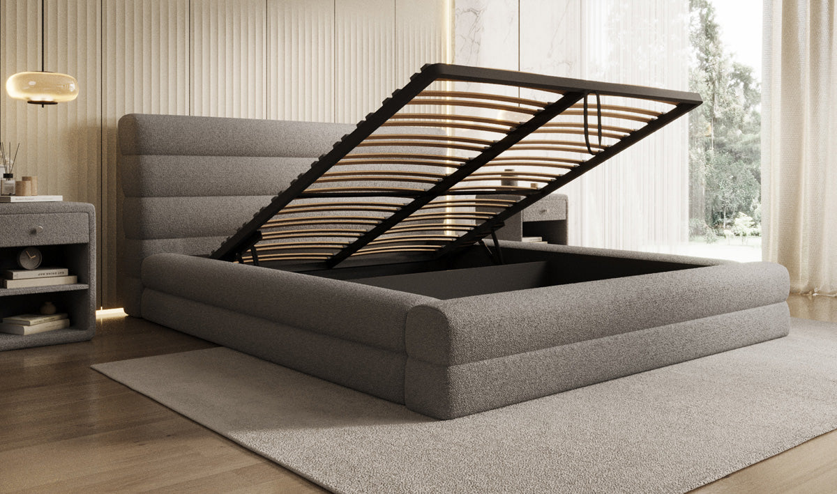 Design gestoffeerd bed Maren in Teddystof Bouclé met opbergruimte