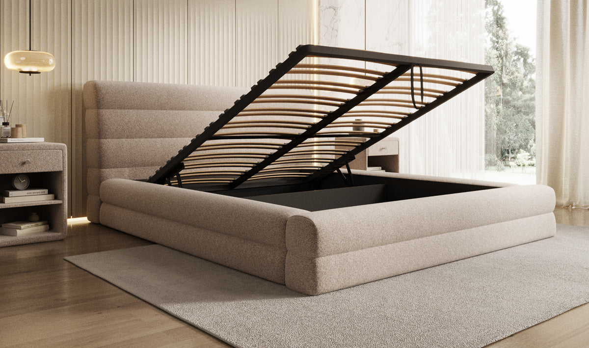 Design gestoffeerd bed Maren in structuurstof met opbergruimte
