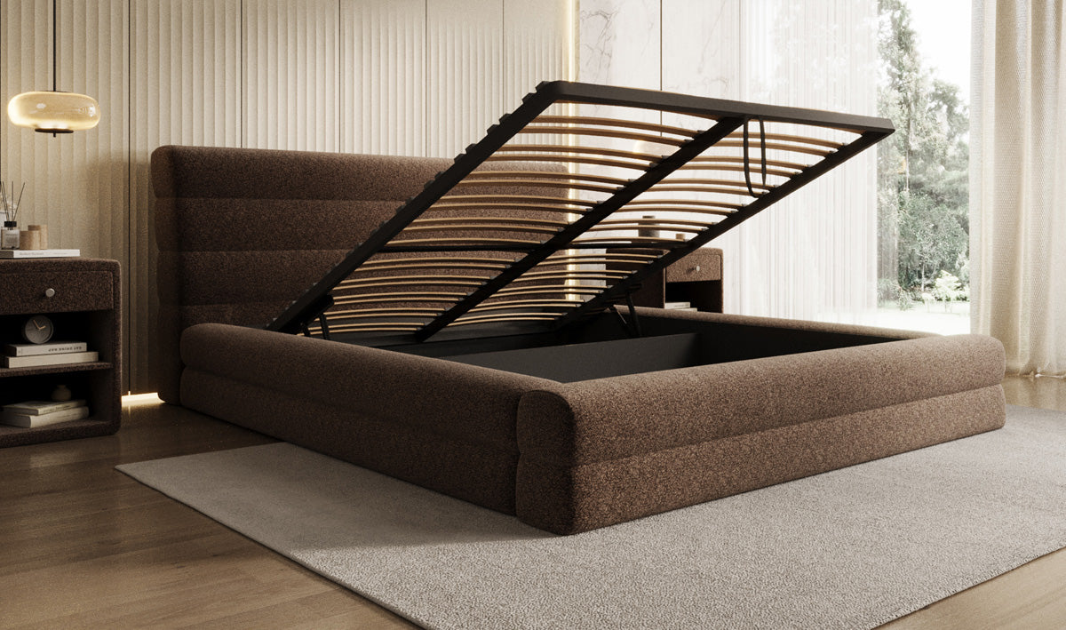 Design gestoffeerd bed Maren in structuurstof met opbergruimte