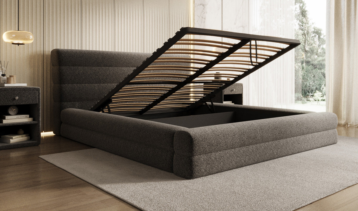 Design gestoffeerd bed Maren in structuurstof met opbergruimte