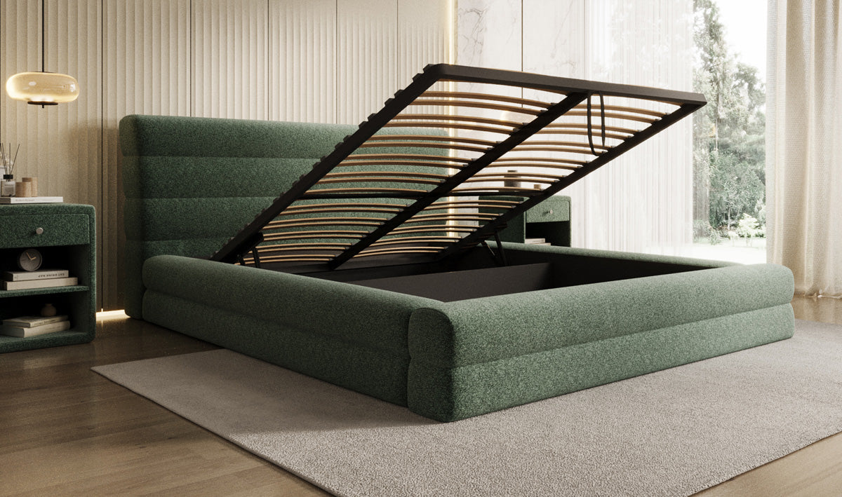 Design gestoffeerd bed Maren in structuurstof met opbergruimte