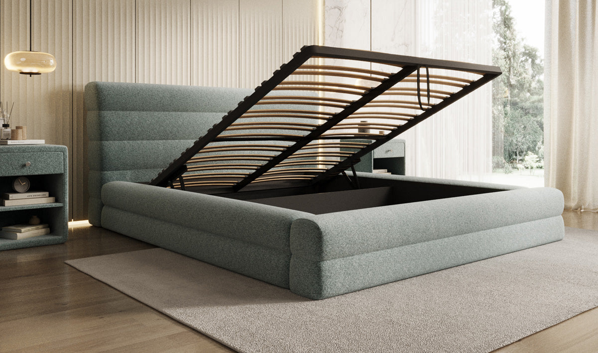 Design gestoffeerd bed Maren in structuurstof met opbergruimte