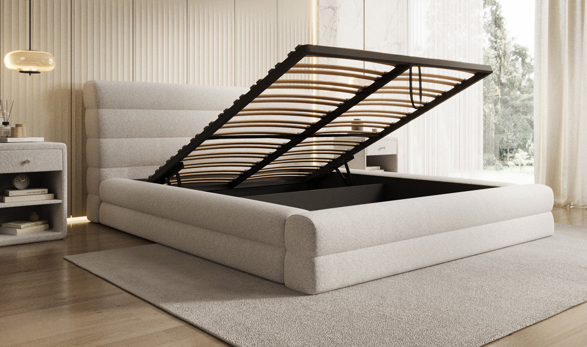 Design gestoffeerd bed Maren in structuurstof met opbergruimte