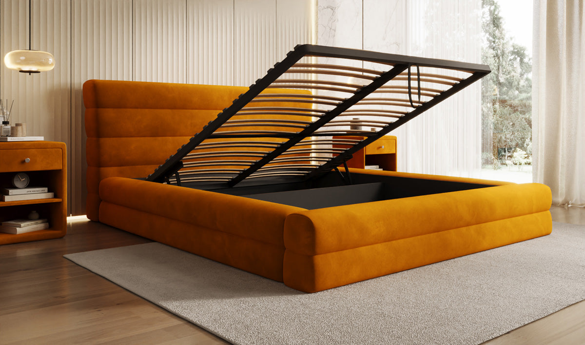 Designer gestoffeerd bed Maren in Fluweel met opbergruimte