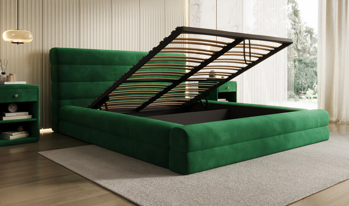Designer gestoffeerd bed Maren in Fluweel met opbergruimte