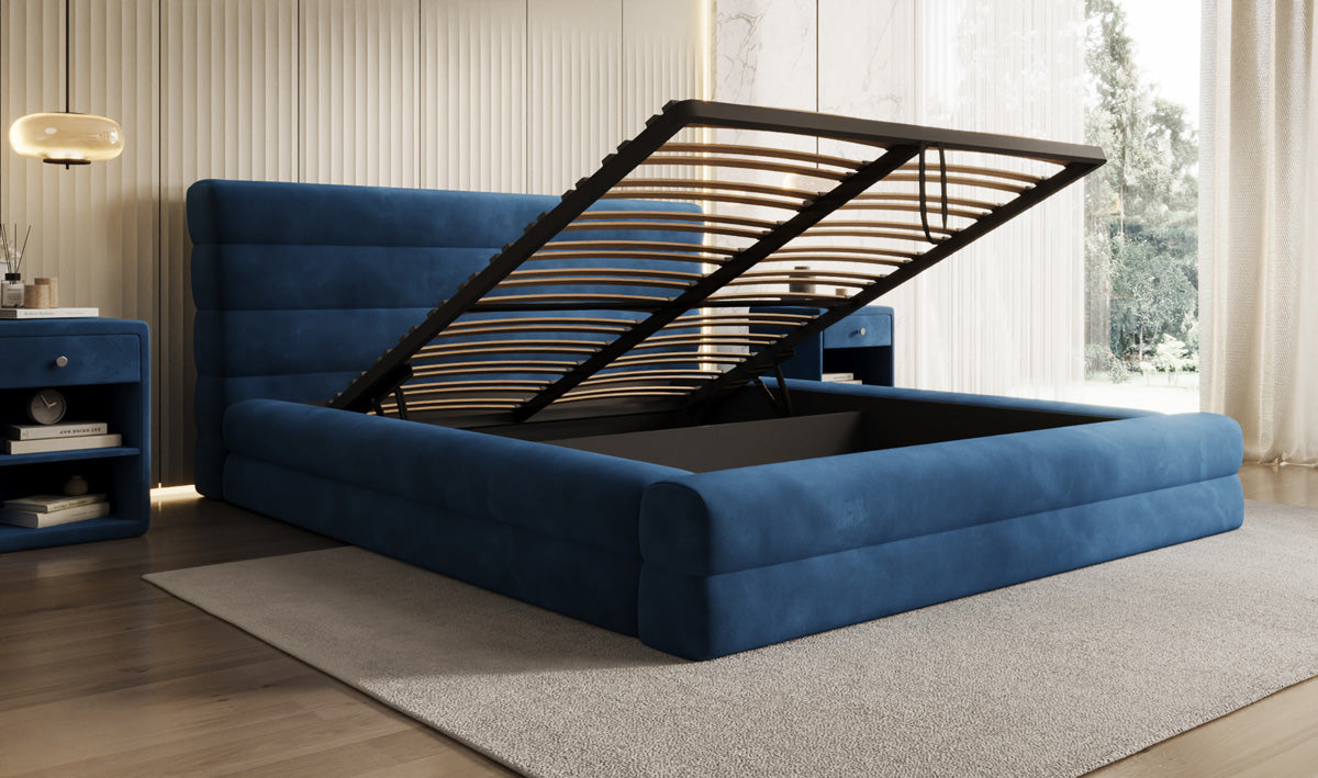 Designer gestoffeerd bed Maren in Fluweel met opbergruimte