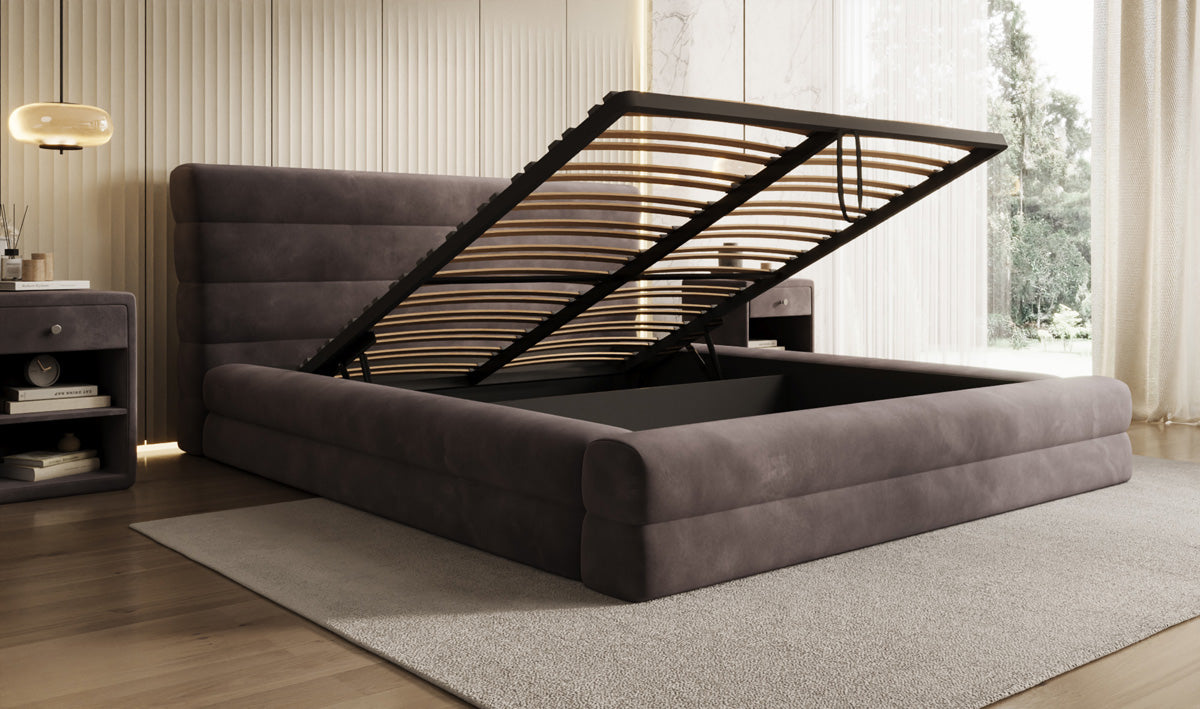 Designer gestoffeerd bed Maren in Fluweel met opbergruimte