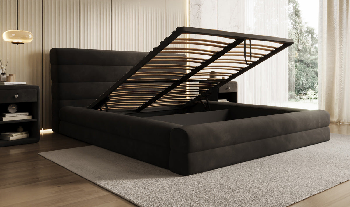Designer gestoffeerd bed Maren in Fluweel met opbergruimte