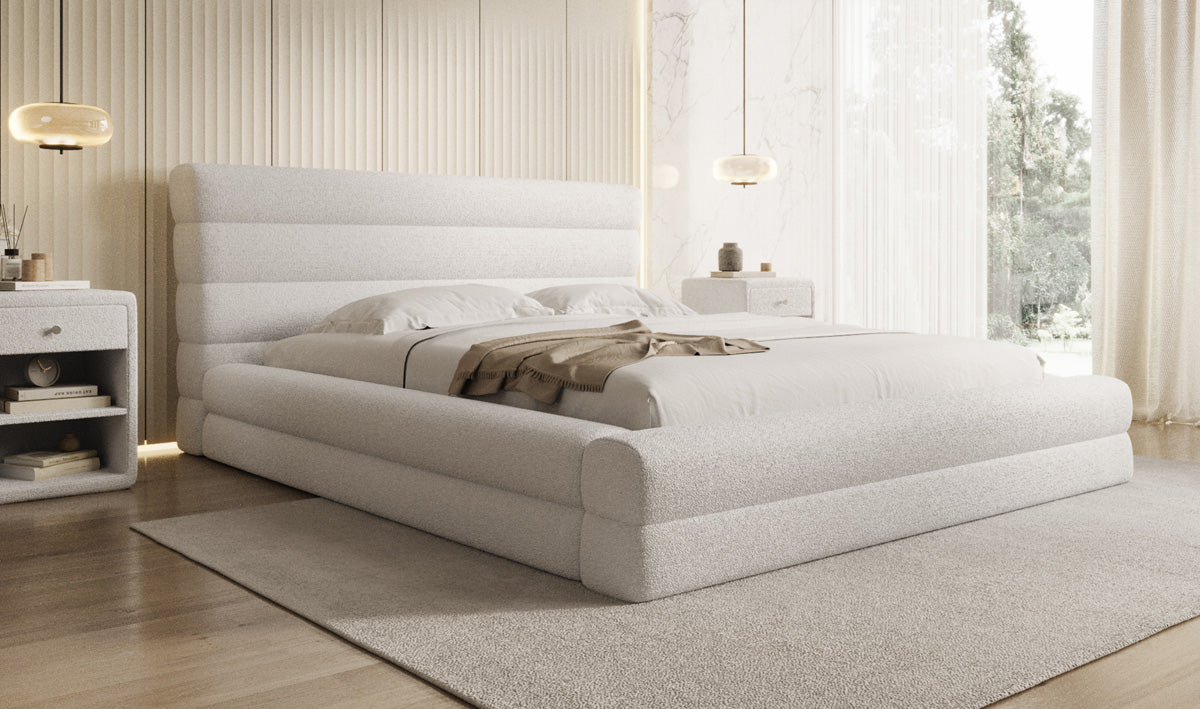 Design gestoffeerd bed Maren in Teddystof Bouclé met opbergruimte