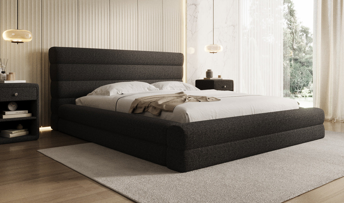 Design gestoffeerd bed Maren in Teddystof Bouclé met opbergruimte