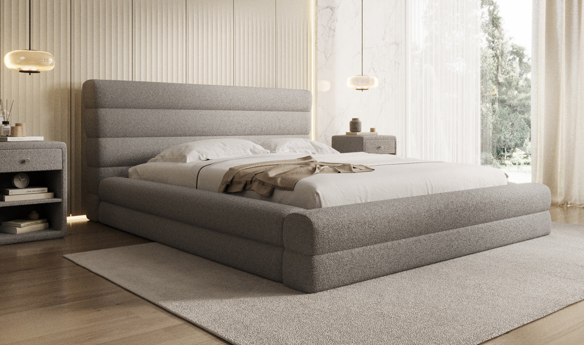 Design gestoffeerd bed Maren in Teddystof Bouclé met opbergruimte