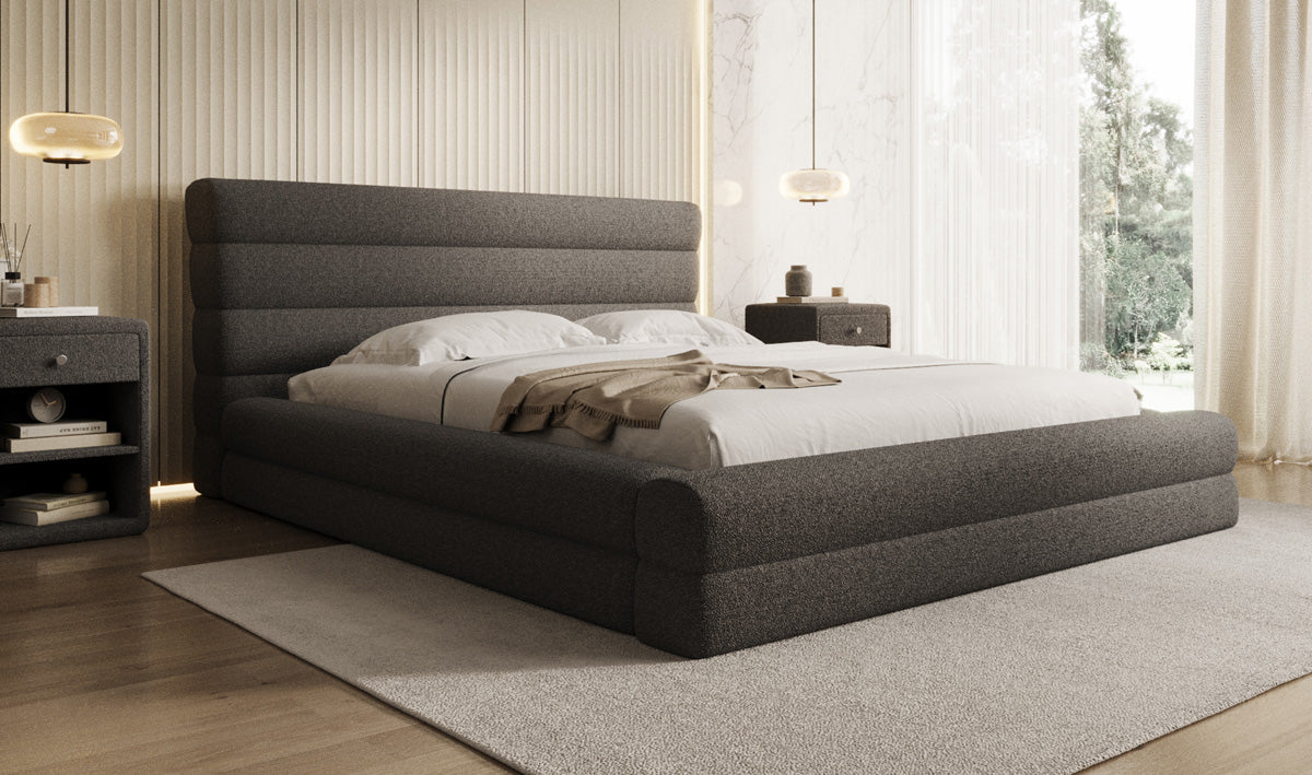 Design gestoffeerd bed Maren in Teddystof Bouclé met opbergruimte