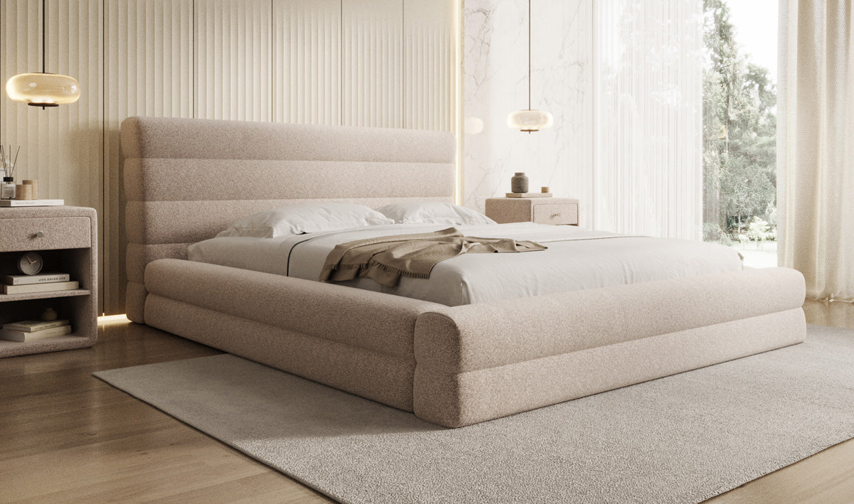 Design gestoffeerd bed Maren in structuurstof met opbergruimte