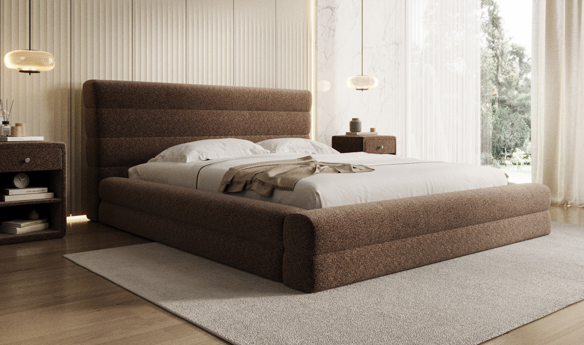 Design gestoffeerd bed Maren in structuurstof met opbergruimte