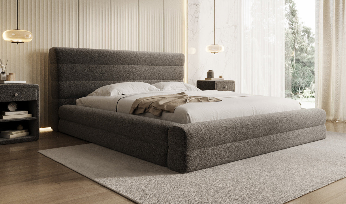Design gestoffeerd bed Maren in structuurstof met opbergruimte