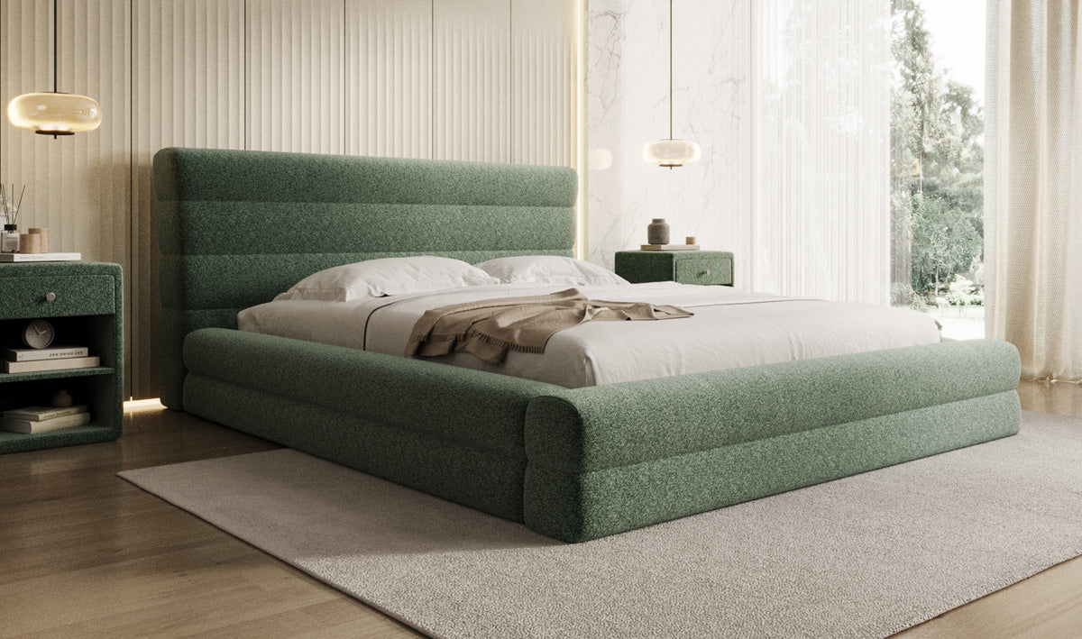 Design gestoffeerd bed Maren in structuurstof met opbergruimte