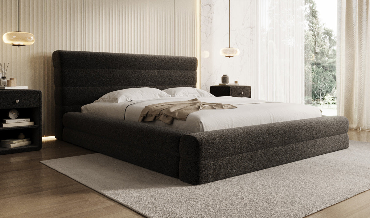 Design gestoffeerd bed Maren in structuurstof met opbergruimte