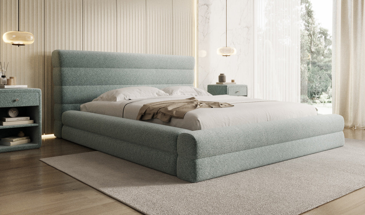 Design gestoffeerd bed Maren in structuurstof met opbergruimte