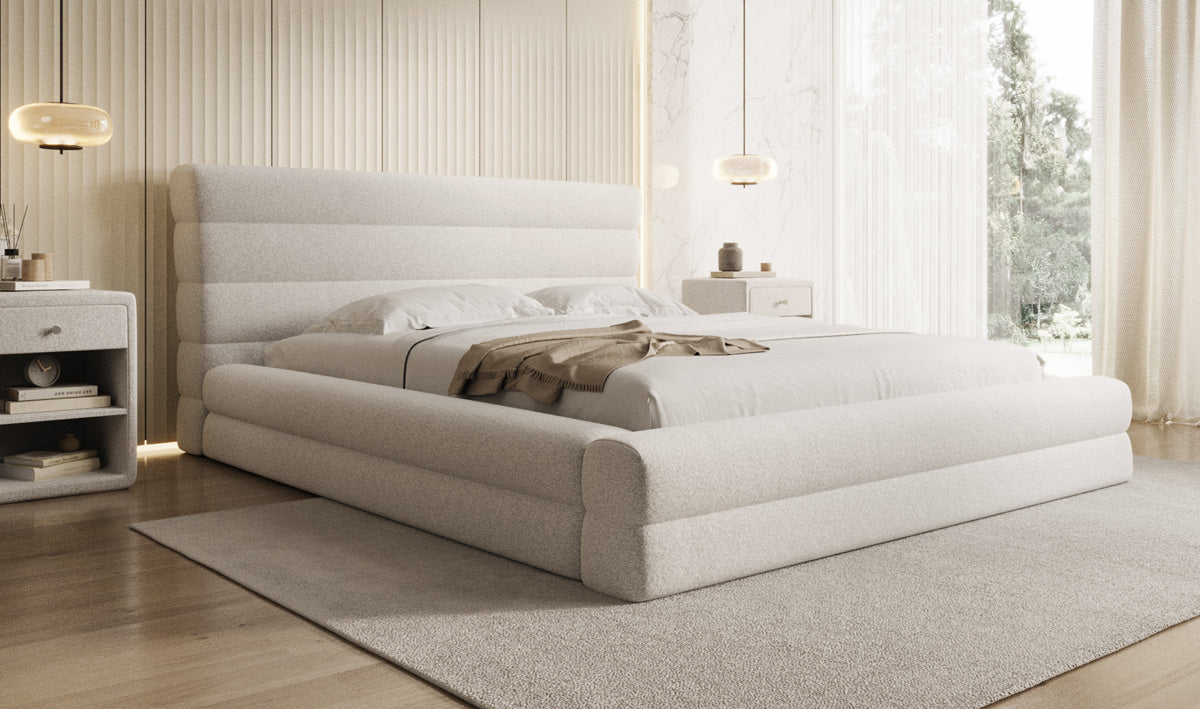 Design gestoffeerd bed Maren in structuurstof met opbergruimte