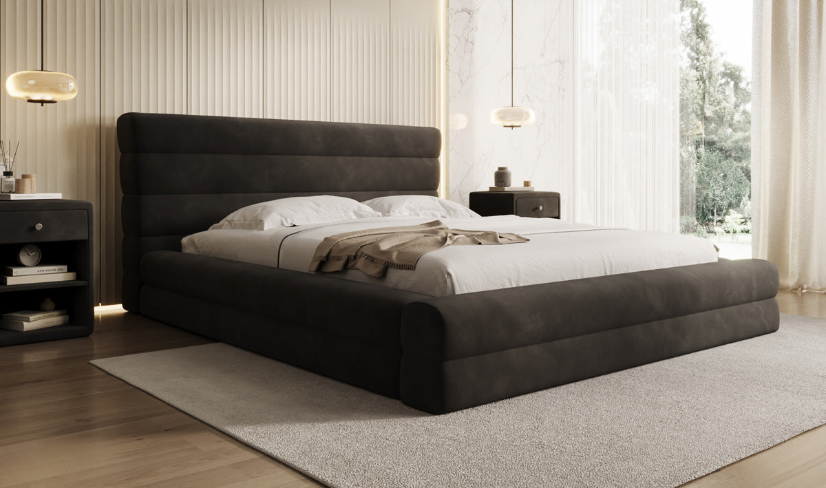 Designer gestoffeerd bed Maren in Fluweel met opbergruimte