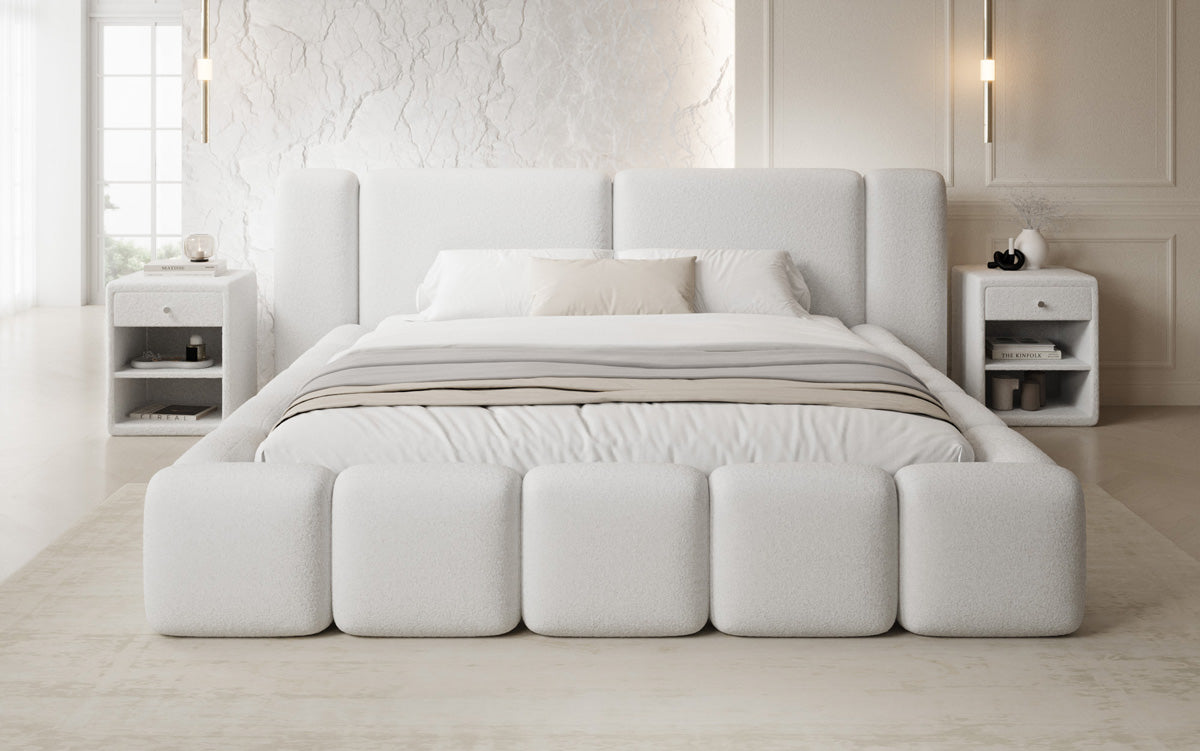 Designer gestoffeerd bed Bianca in Teddystof Bouclé met opbergruimte