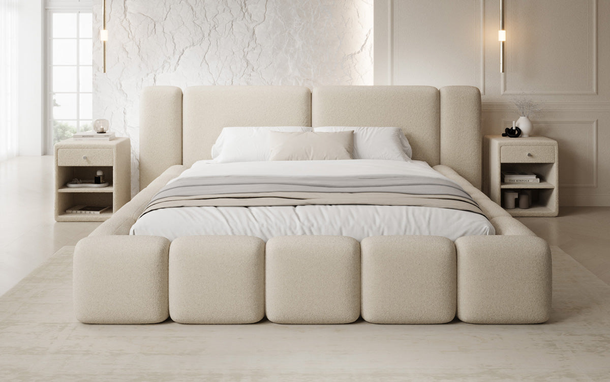 Designer gestoffeerd bed Bianca in Teddystof Bouclé met opbergruimte