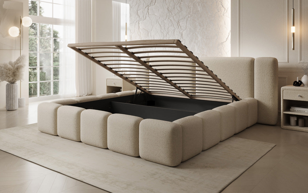 Designer gestoffeerd bed Bianca in Teddystof Bouclé met opbergruimte