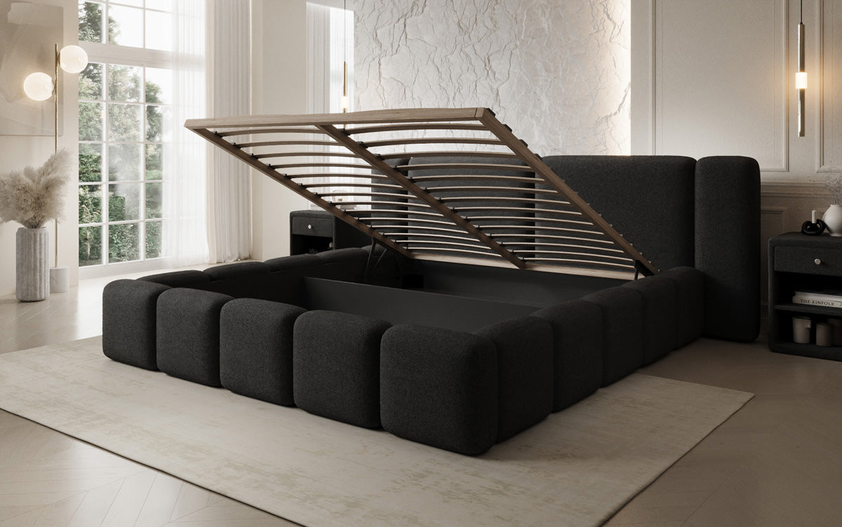 Designer gestoffeerd bed Bianca in Teddystof Bouclé met opbergruimte