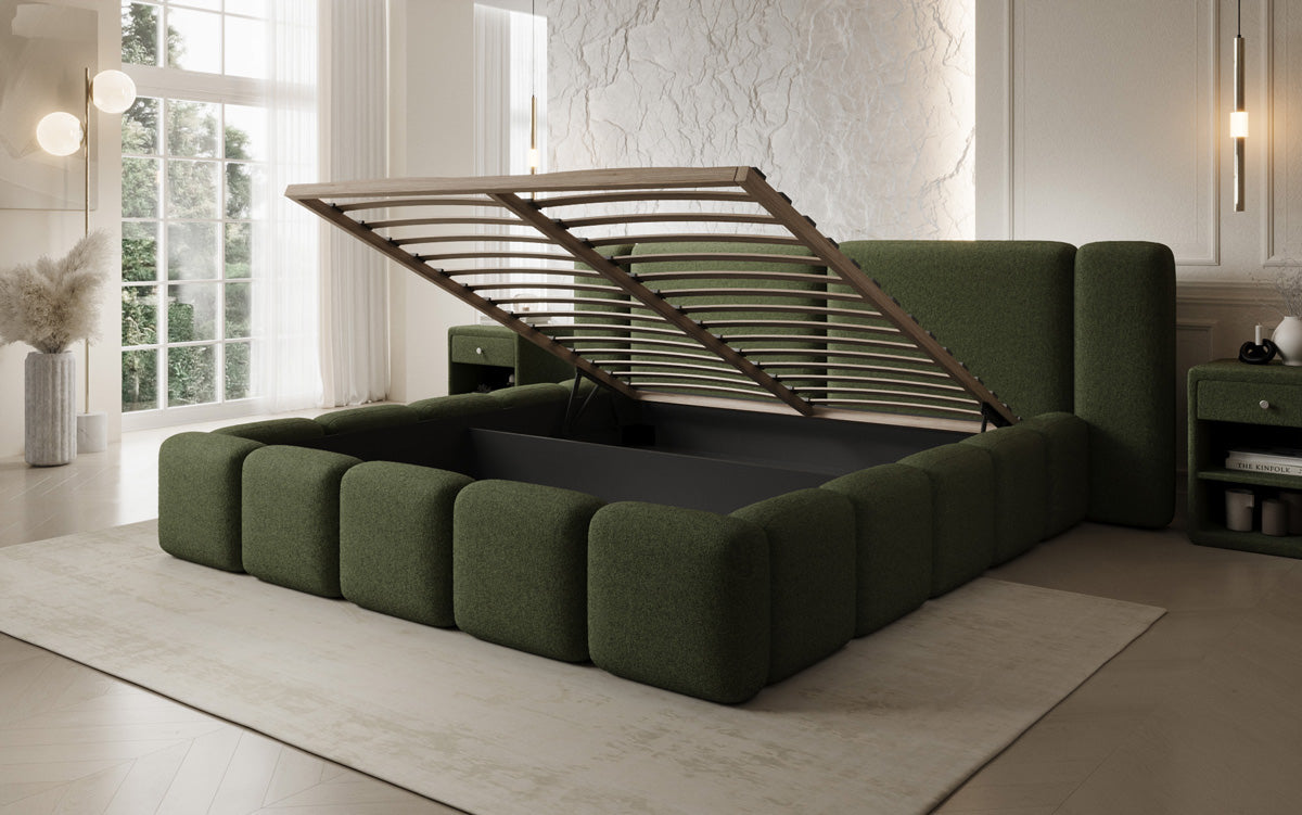 Designer gestoffeerd bed Bianca in Teddystof Bouclé met opbergruimte