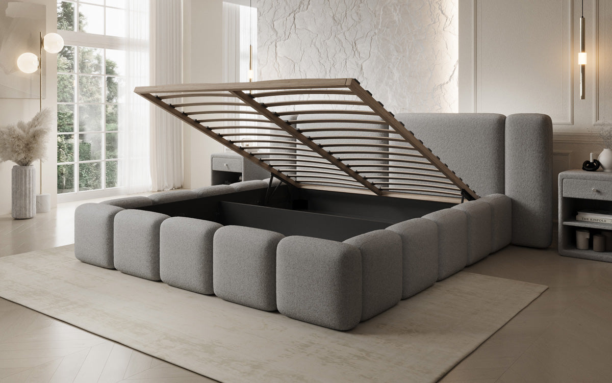 Designer gestoffeerd bed Bianca in Teddystof Bouclé met opbergruimte