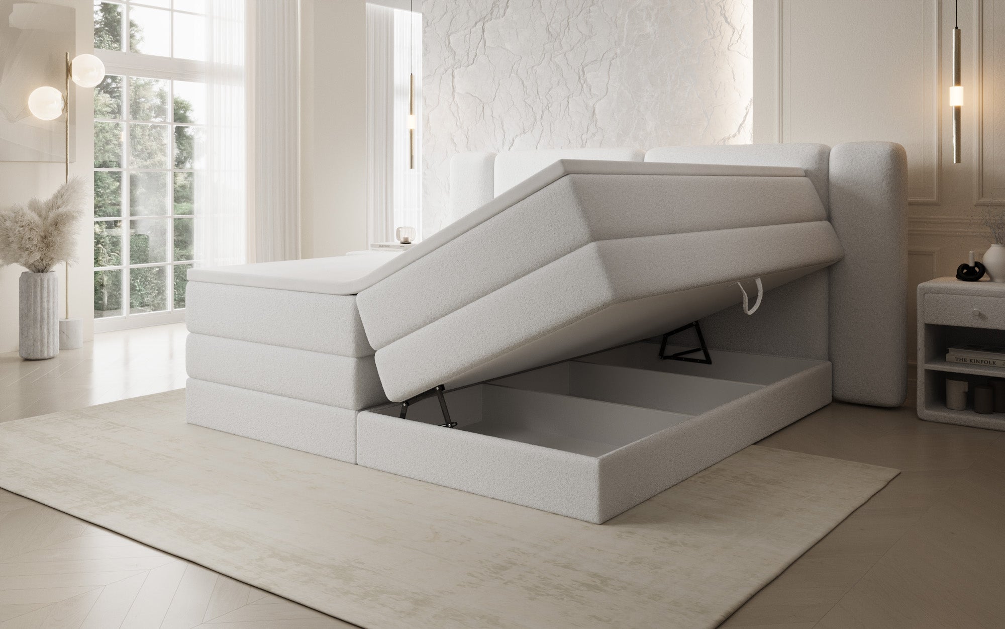 Boxspringbed Leni met opklapbare opbergruimte in Teddystof Bouclé
