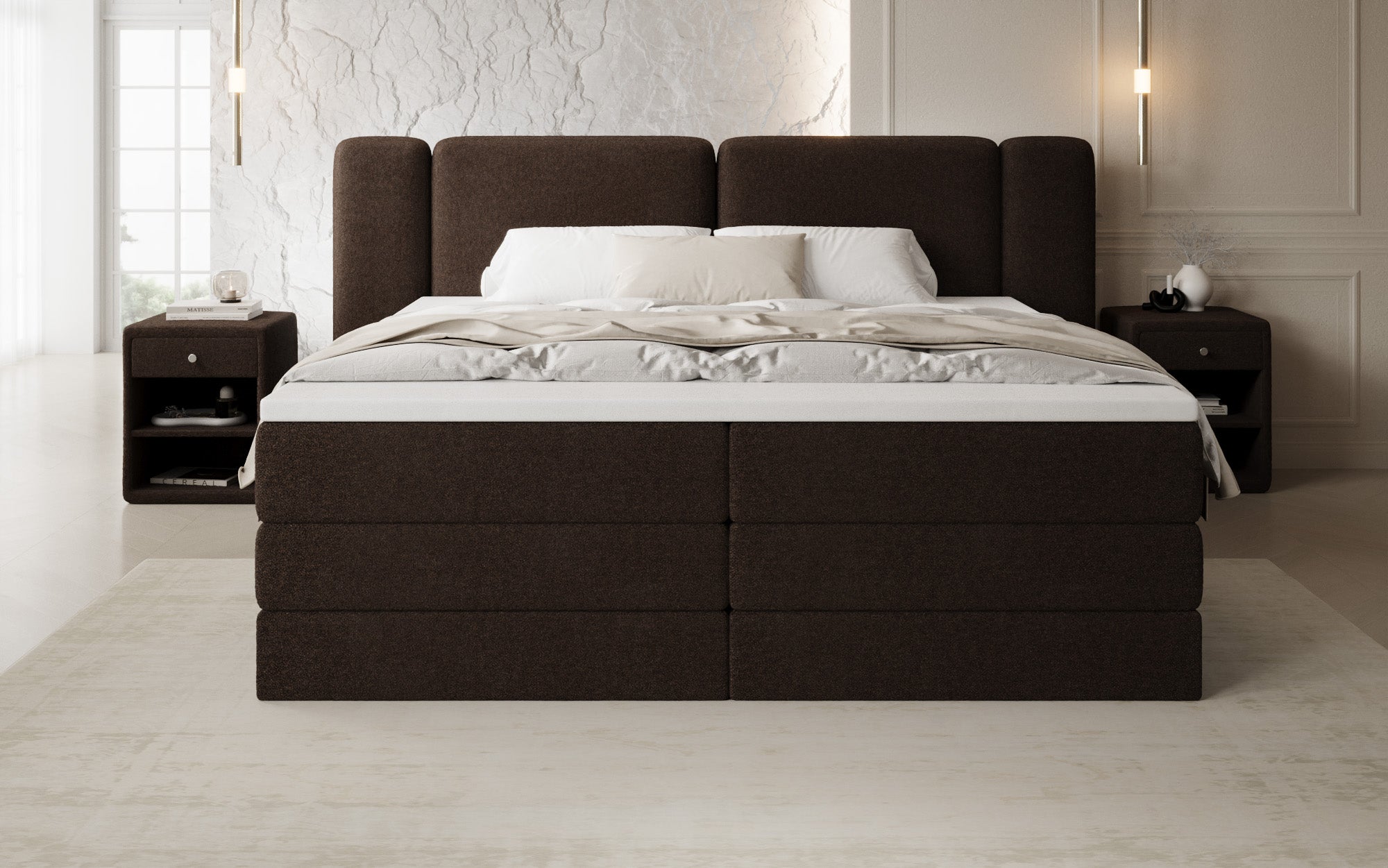 Boxspringbed Leni met opklapbare opbergruimte in Teddystof Bouclé