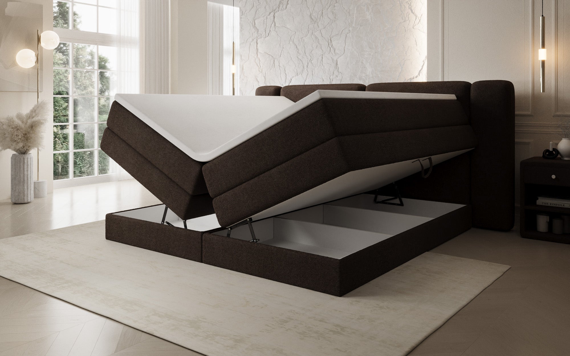 Boxspringbed Leni met opklapbare opbergruimte in Teddystof Bouclé