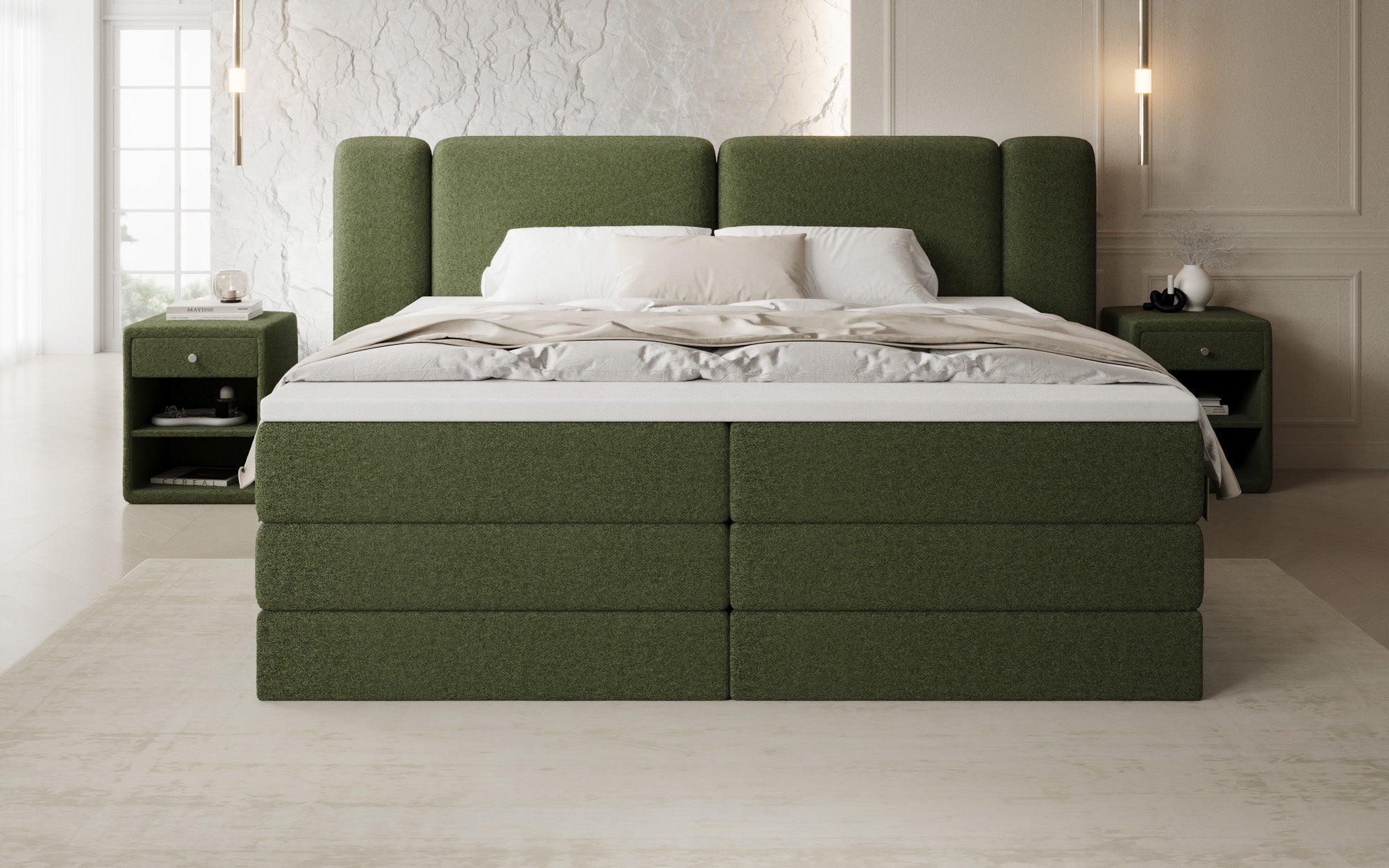 Boxspringbed Leni met opklapbare opbergruimte in Teddystof Bouclé