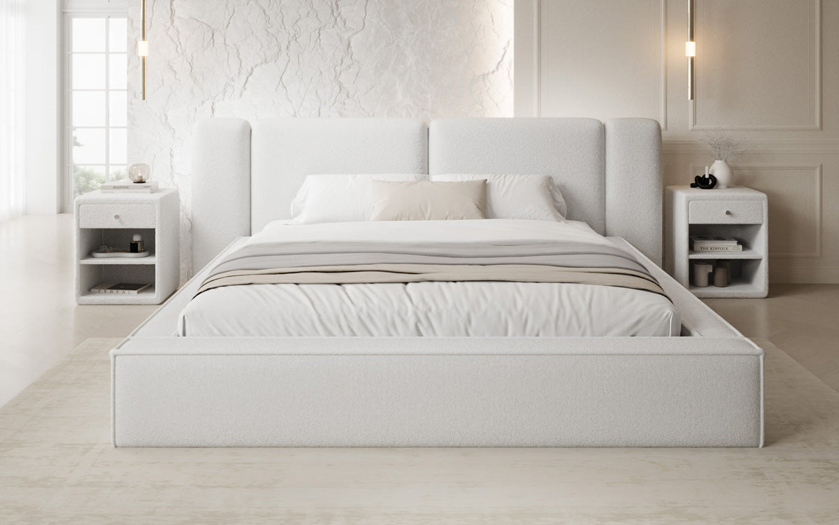 Designer gestoffeerd bed Klara in Teddystof Bouclé met opbergruimte
