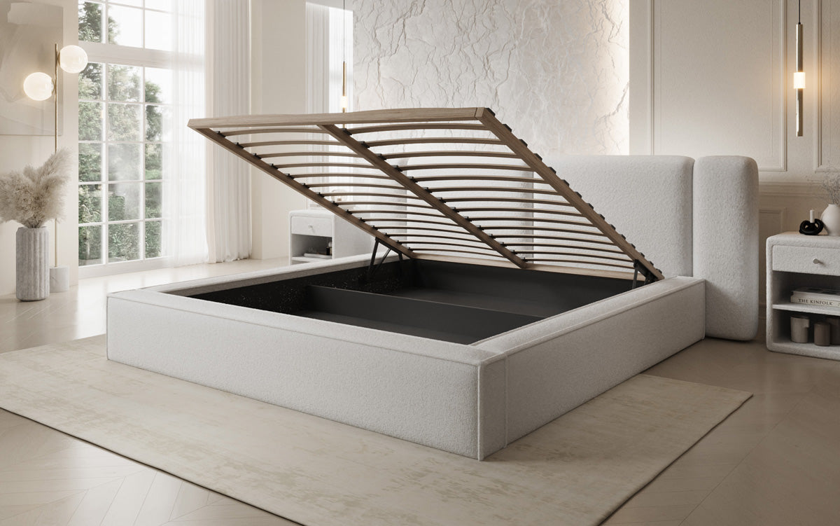 Designer gestoffeerd bed Klara in Teddystof Bouclé met opbergruimte