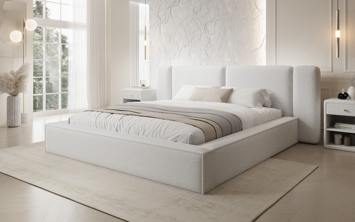 Designer gestoffeerd bed Klara in Teddystof Bouclé met opbergruimte