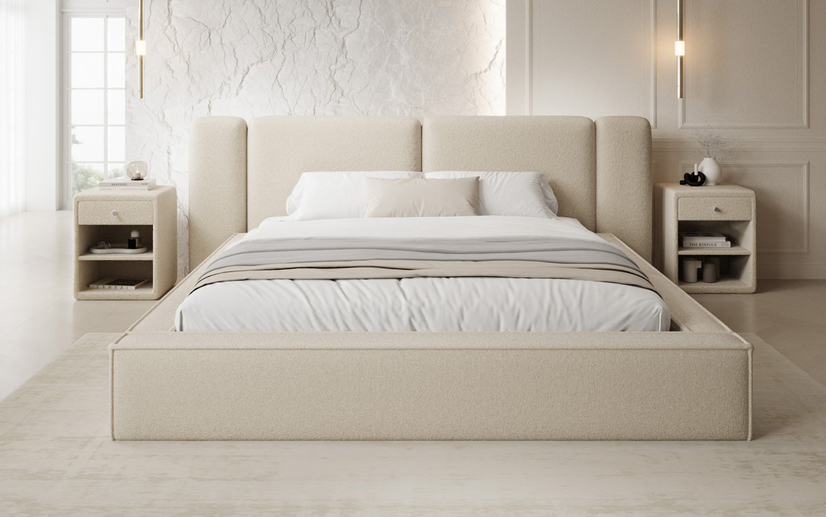 Designer gestoffeerd bed Klara in Teddystof Bouclé met opbergruimte