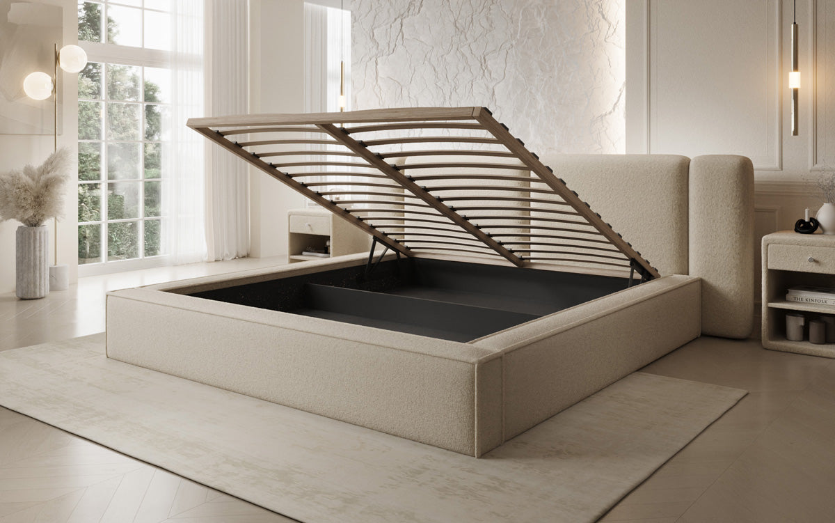 Designer gestoffeerd bed Klara in Teddystof Bouclé met opbergruimte