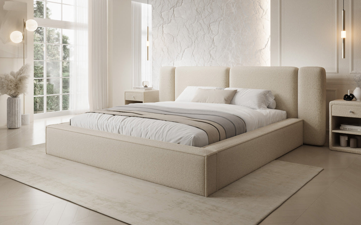 Designer gestoffeerd bed Klara in Teddystof Bouclé met opbergruimte