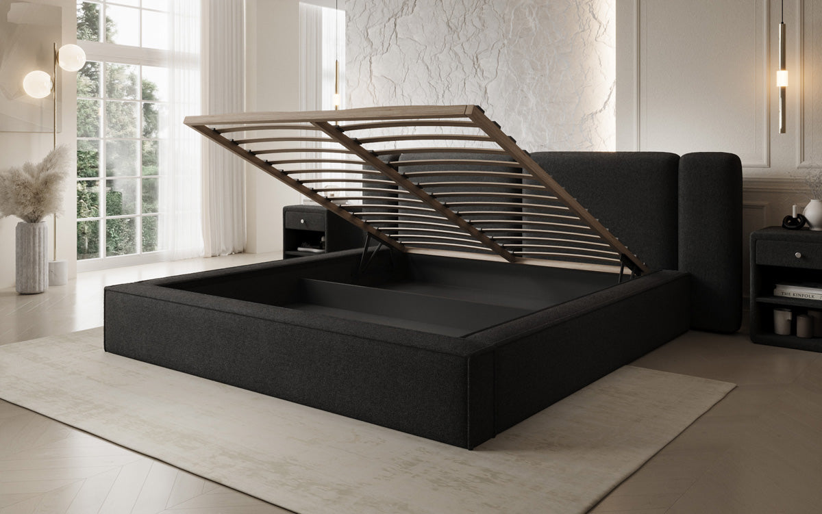 Designer gestoffeerd bed Klara in Teddystof Bouclé met opbergruimte