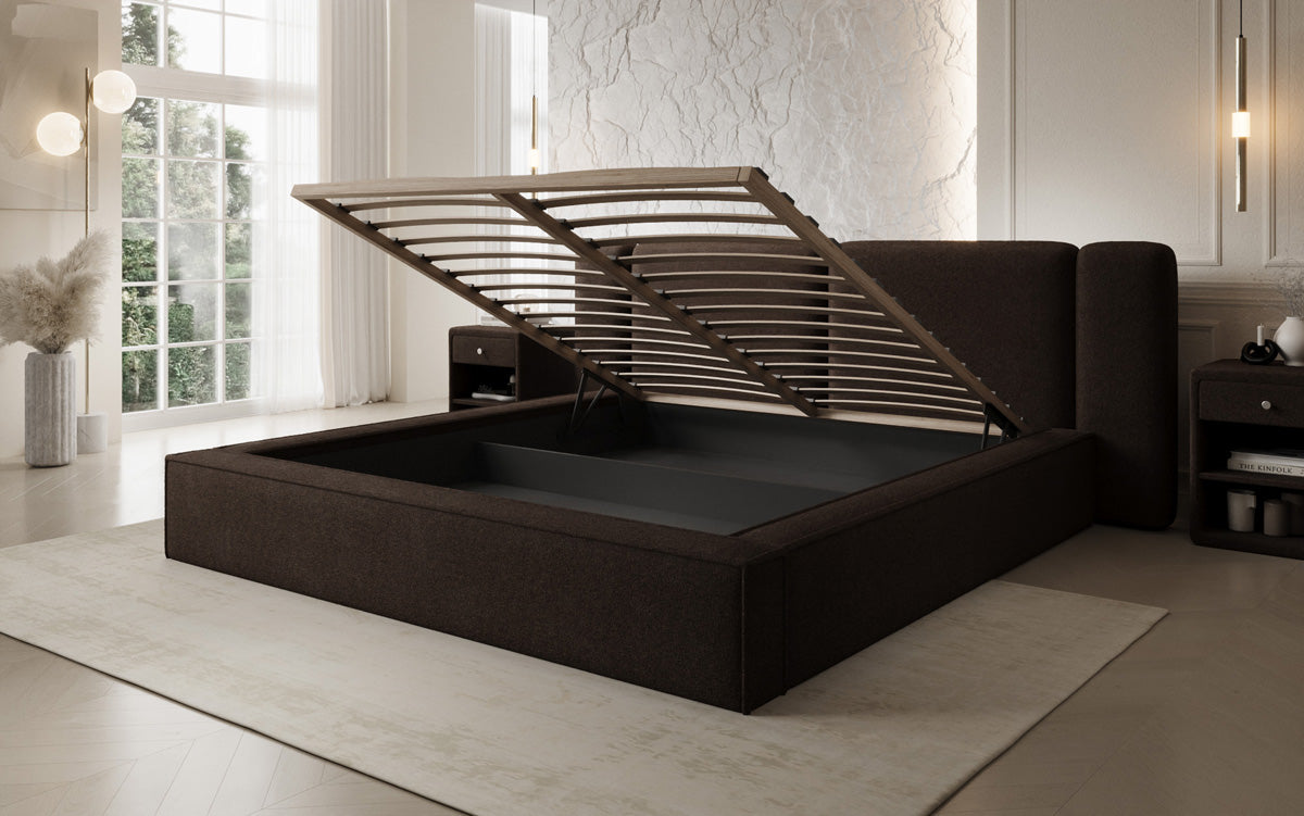 Designer gestoffeerd bed Klara in Teddystof Bouclé met opbergruimte