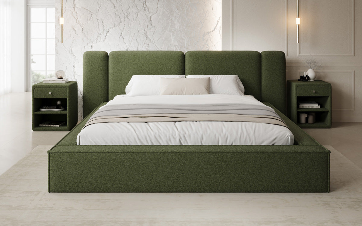 Designer gestoffeerd bed Klara in Teddystof Bouclé met opbergruimte
