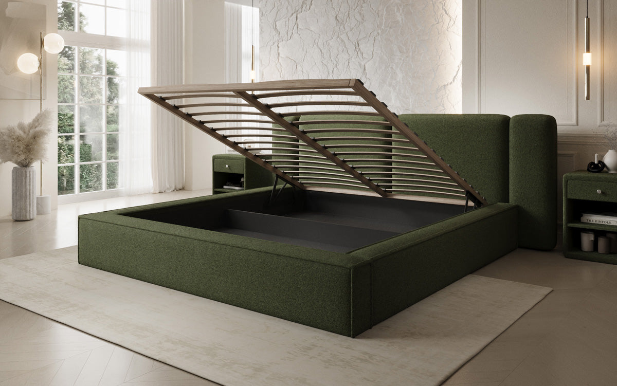 Designer gestoffeerd bed Klara in Teddystof Bouclé met opbergruimte