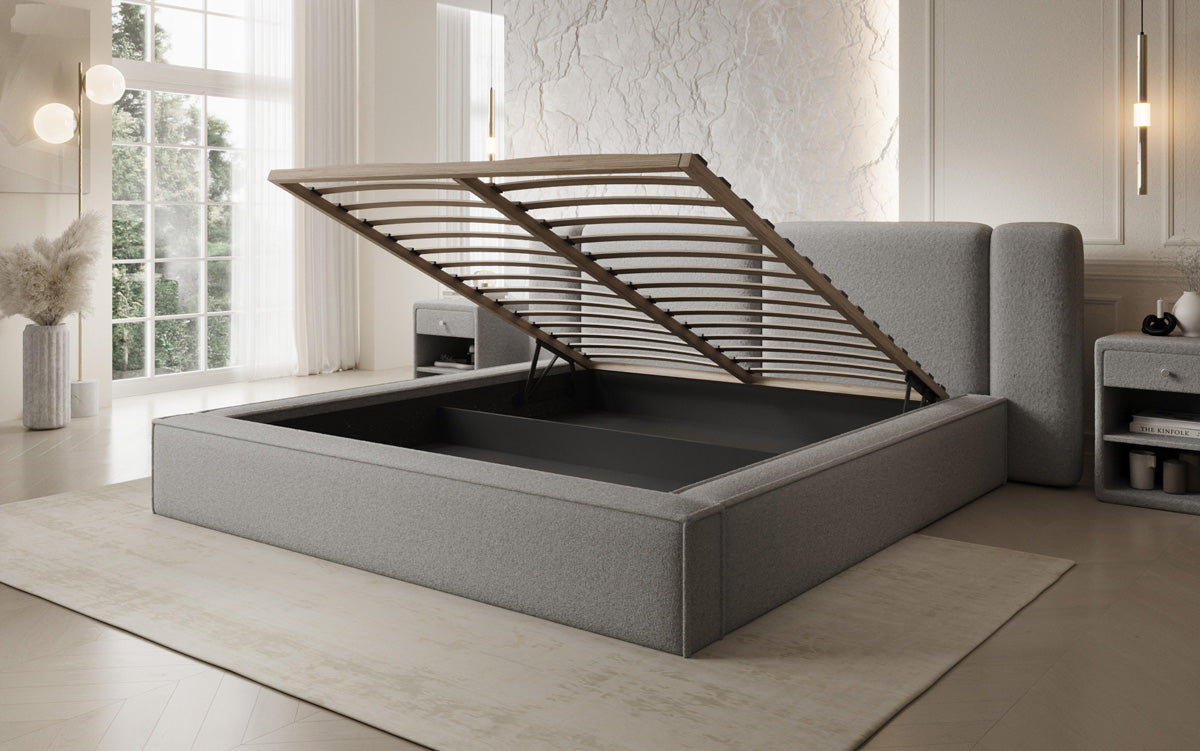 Designer gestoffeerd bed Klara in Teddystof Bouclé met opbergruimte