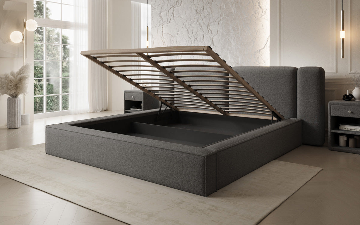 Designer gestoffeerd bed Klara in Teddystof Bouclé met opbergruimte