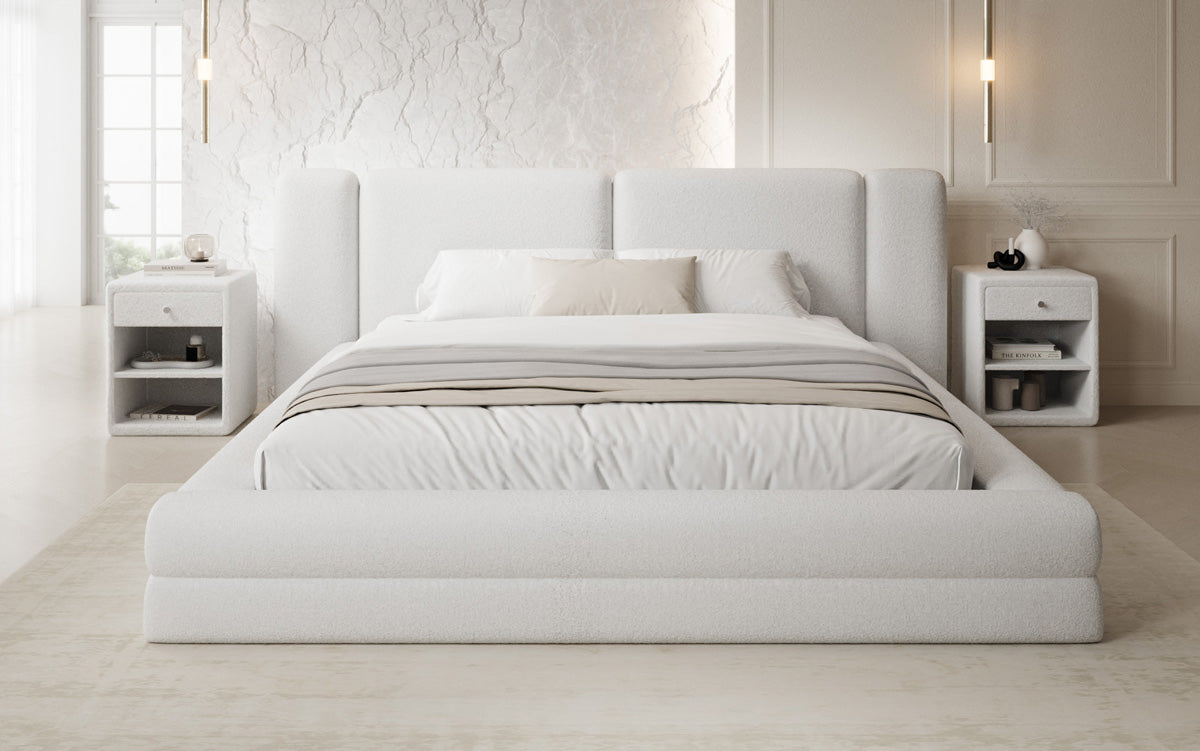 Designer gestoffeerd bed Theresa in Teddystof Bouclé met opbergruimte