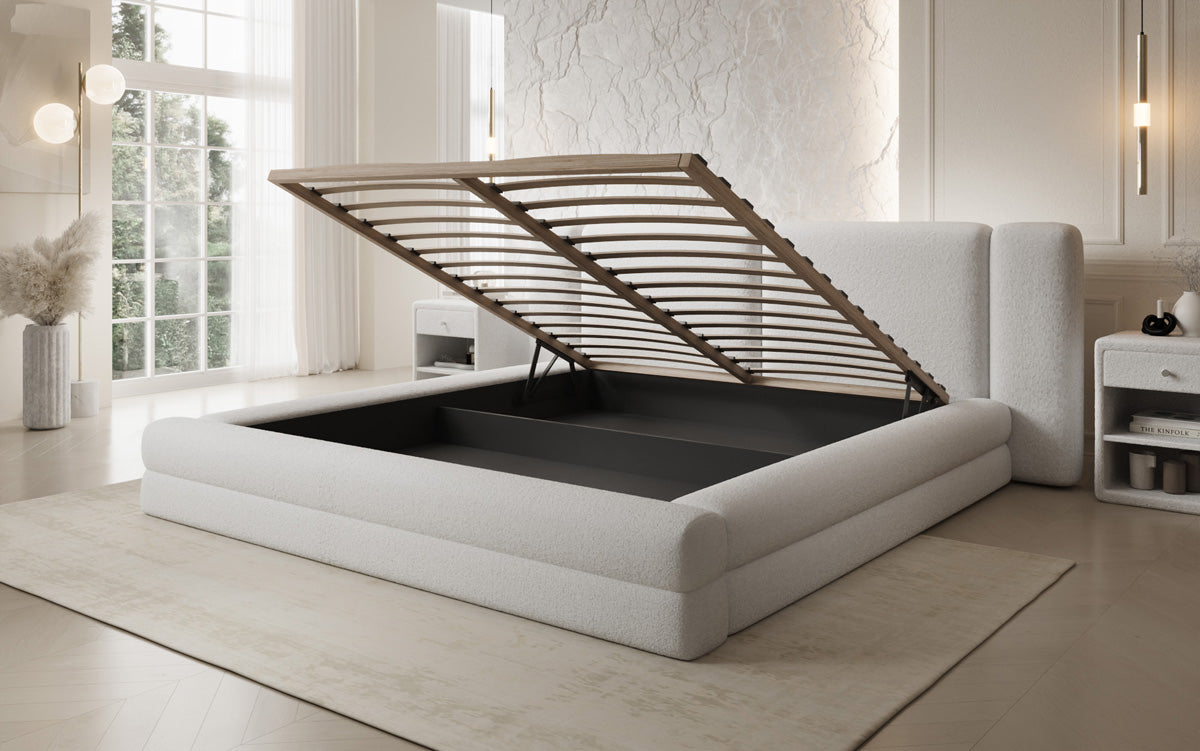 Designer gestoffeerd bed Theresa in Teddystof Bouclé met opbergruimte