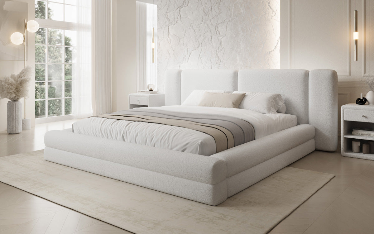Designer gestoffeerd bed Theresa in Teddystof Bouclé met opbergruimte