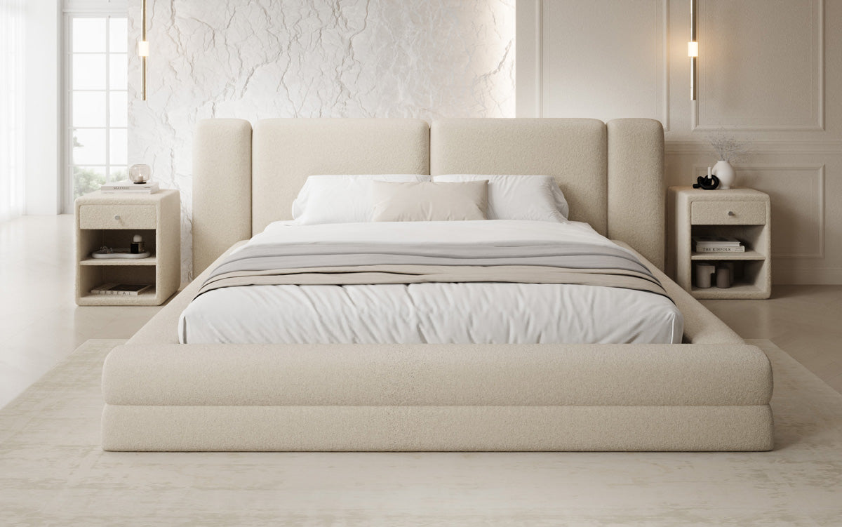 Designer gestoffeerd bed Theresa in Teddystof Bouclé met opbergruimte